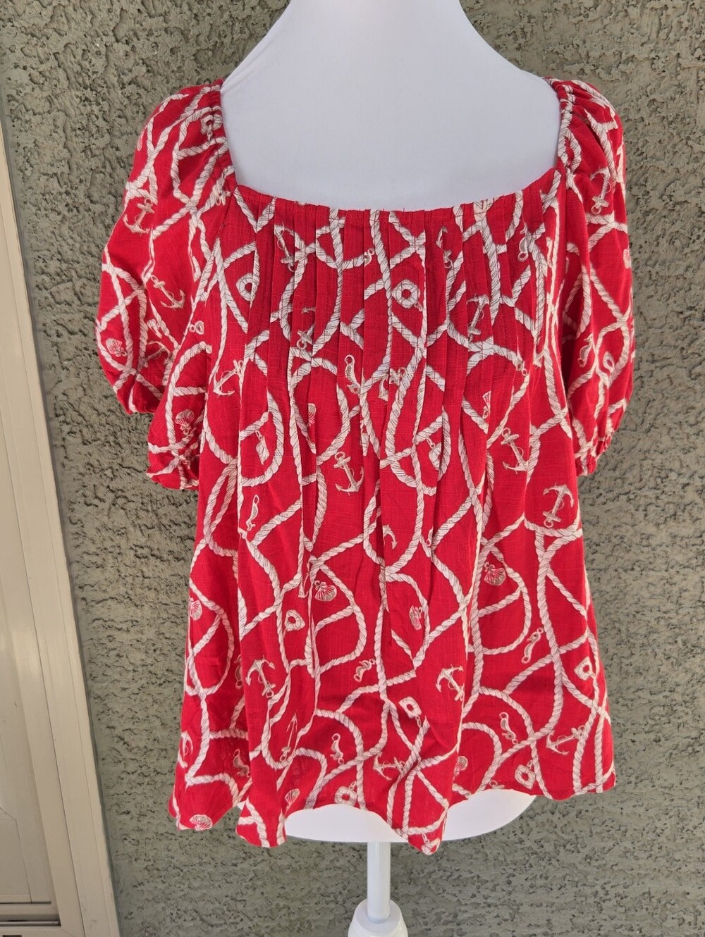 Land N Sea Red Rope-Print Off-Shoulder Womens Top